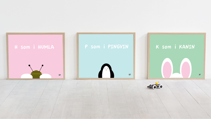 Poster med barnmotiv humla, pingvin, kanin